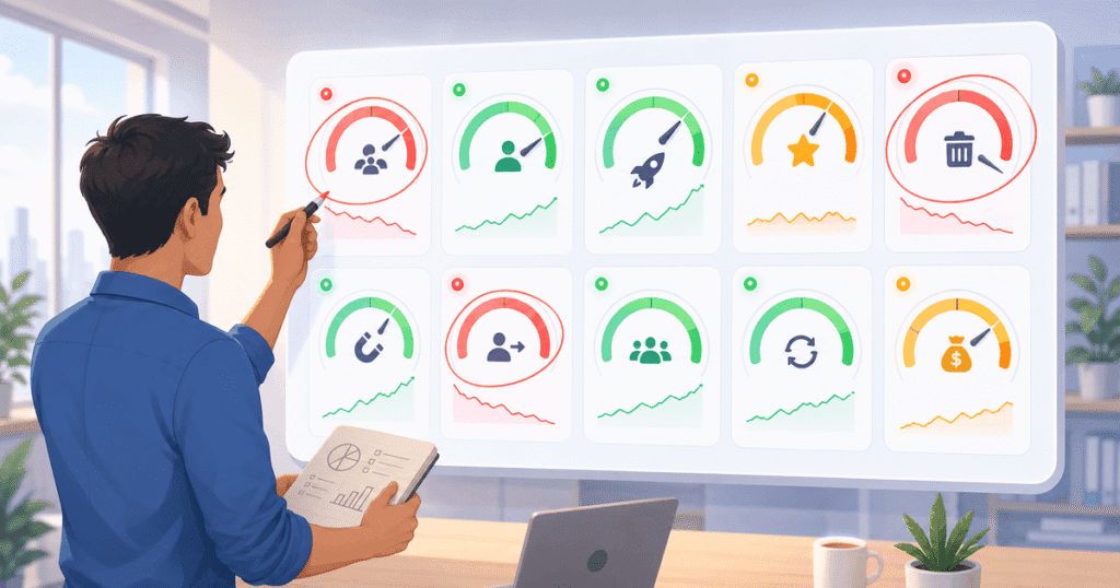 Dashboard tracking product-market fit metrics for an India startup, showing retention cohorts and engagement charts