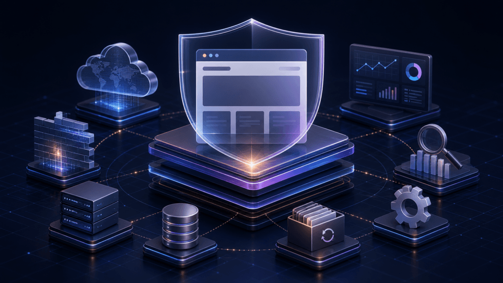Layered WordPress website security stack with firewall, cloud protection, hosting, backups, SEO and analytics