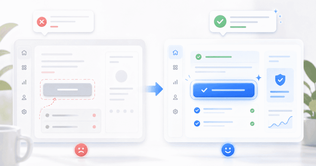 UX writing product design India concept showing microcopy review on a SaaS dashboard screen