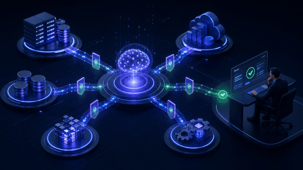 Enterprise AI agent integration architecture connecting ERP, CRM, databases and human approval workflows in India