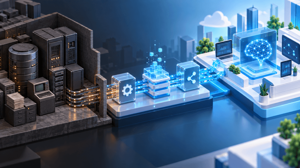 Bridge connecting a legacy enterprise system to modern AI applications